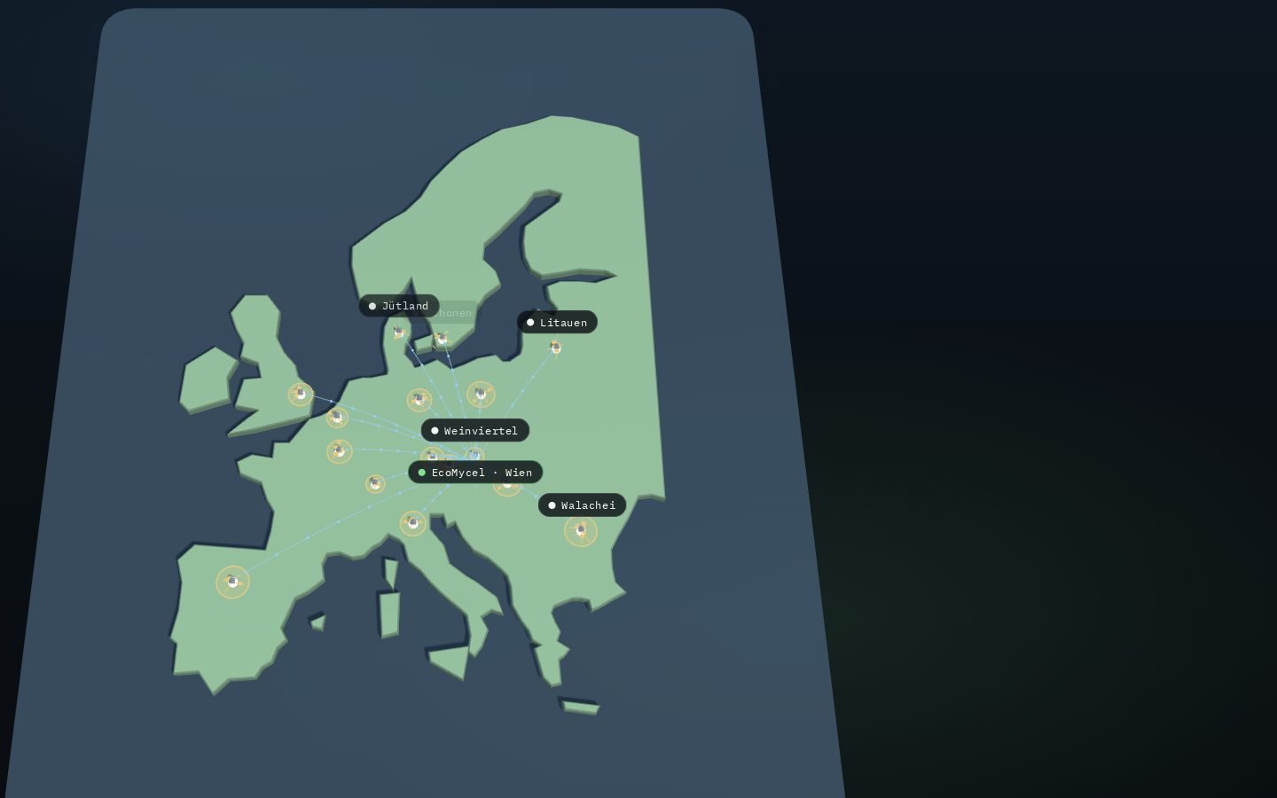 Stilisierte Europakarte. EcoMycel in Wien ist ein heller Punkt, Partner-Hubs mit Lieferkreisen erscheinen nacheinander von Österreich bis nach Spanien, Skandinavien und Rumänien, kühle Linien führen von EcoMycel zu den Hubs.